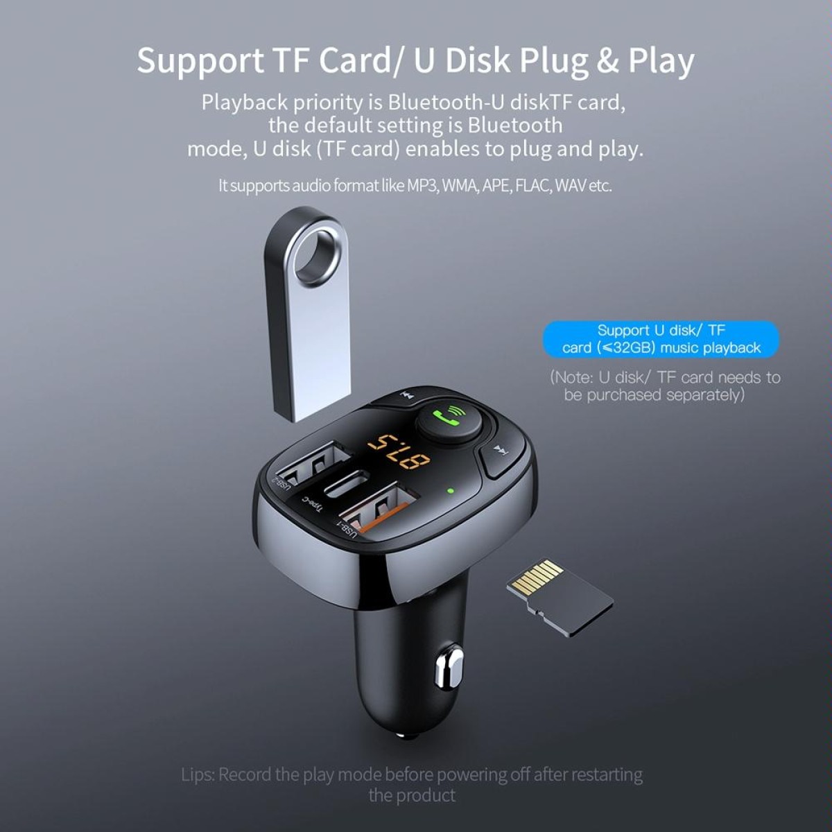 ROCK B301 Dual USB + PD Bluetooth 5.0 FM Transmitter & Car Charger, Support TF Card / U-disk(Black)