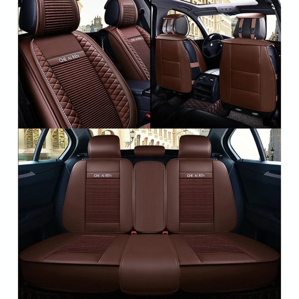 Car Leather Ice Silk Cushion Four Seasons Universal Seat Mat Set, Standard Version (Coffee)