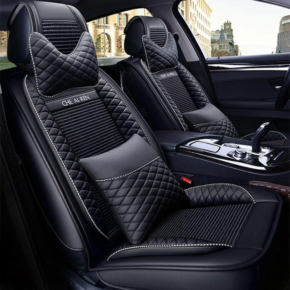 Car Leather Ice Silk Cushion Four Seasons Universal Seat Mat Set, Luxury Version (Black)