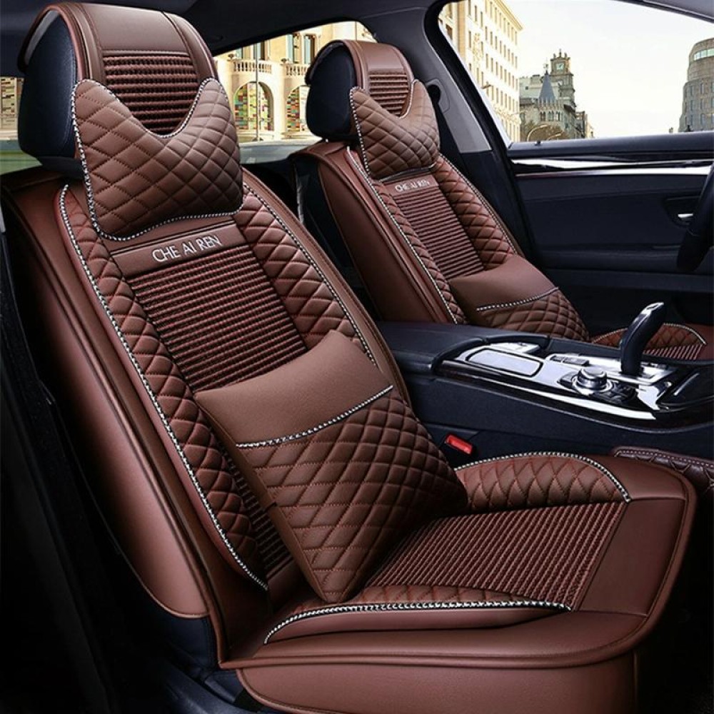 Car Leather Ice Silk Cushion Four Seasons Universal Seat Mat Set, Luxury Version (Coffee)