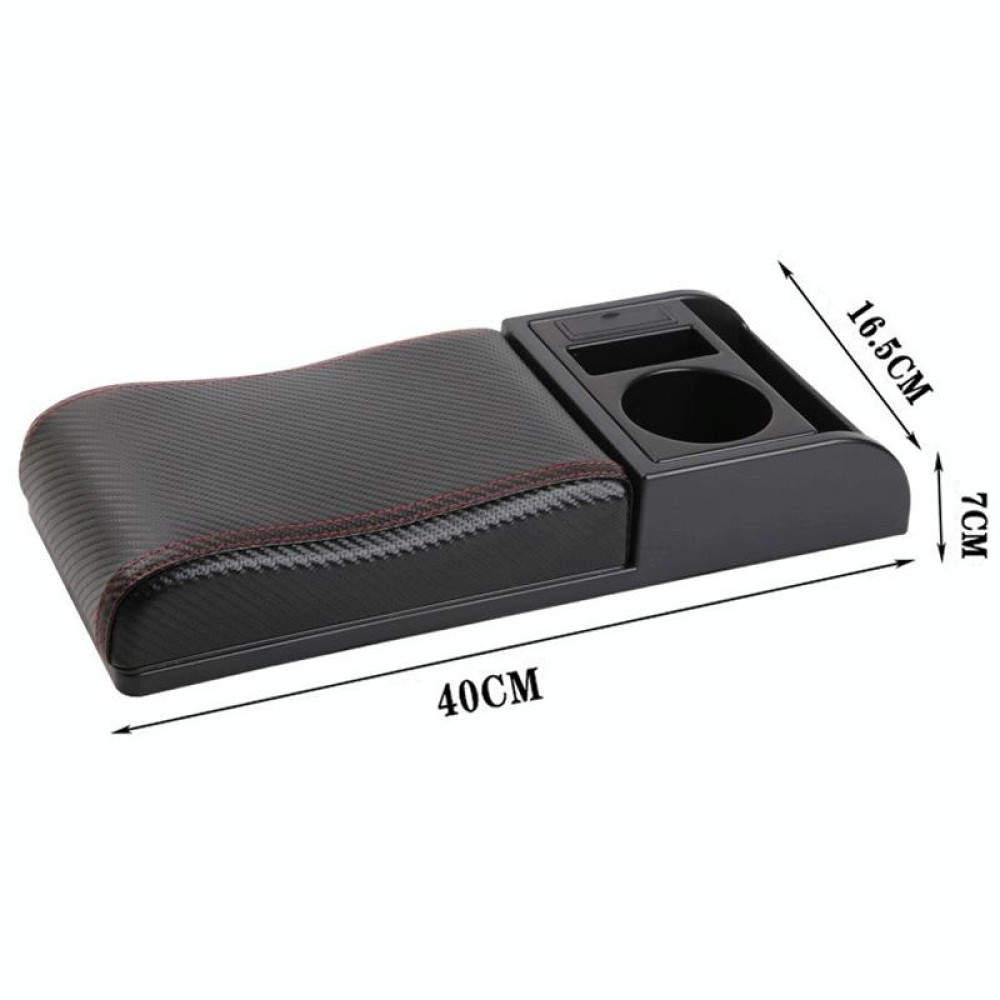 Car Multi-functional Dual USB Armrest Box Booster Pad, Carbon Fiber Leather Curved Type (Black Red)