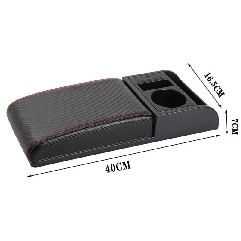 Car Multi-functional Dual USB Armrest Box Booster Pad, Carbon Fiber Leather Straight Type (Black Red)