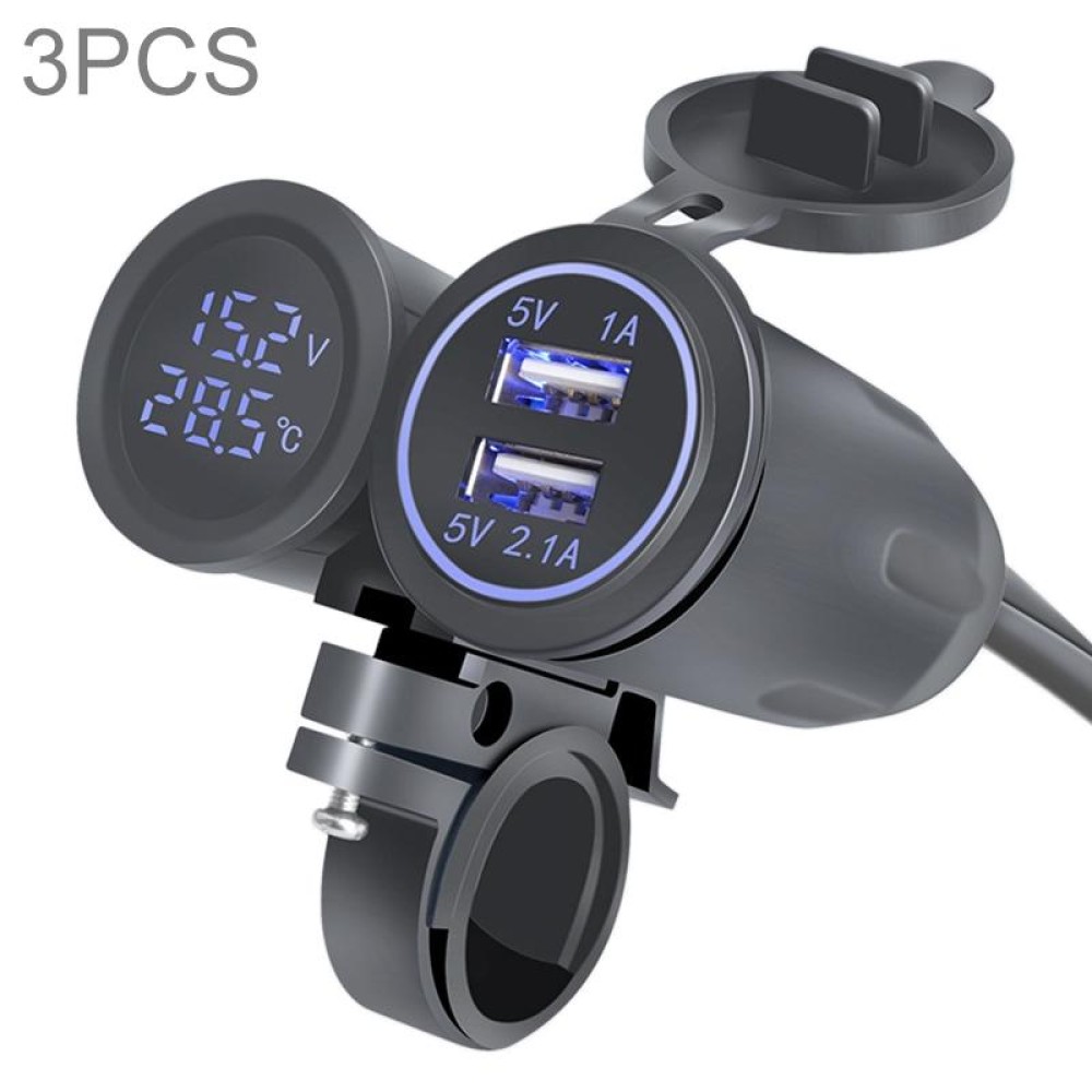 3 PCS Dual USB 3.1A Car Charger 9-30V with Temperature Voltage Holder(Blue Light)