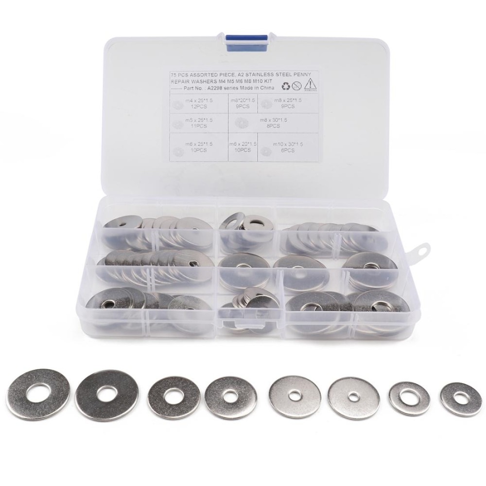 75 PCS Round Shape Stainless Steel Flat Washer Assorted Kit for Car / Boat / Home Appliance