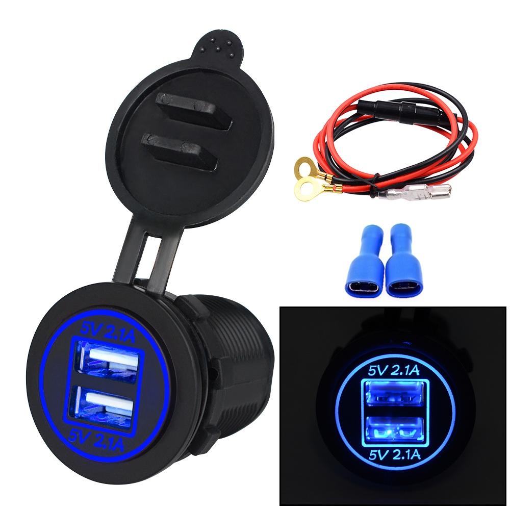 Universal Car Dual USB Charger Power Outlet Adapter 4.2A 5V IP66 with Aperture + 60cm Cable(Blue Light)