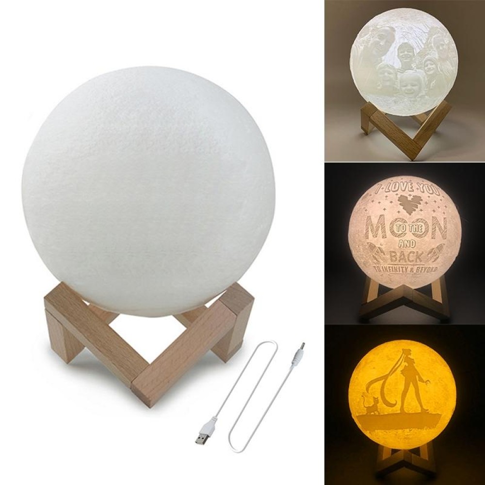 Customized Patted 3-color 3D Print Lamp USB Charging Energy-saving LED Night Light with Wooden Holder Base, Diameter:8cm