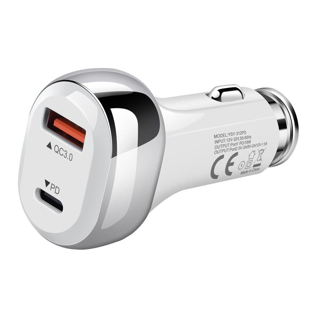 YSY-312PD QC3.0 USB + PD 18W USB-C / Type-C Dual Ports Fast Charging Car Charger(White)