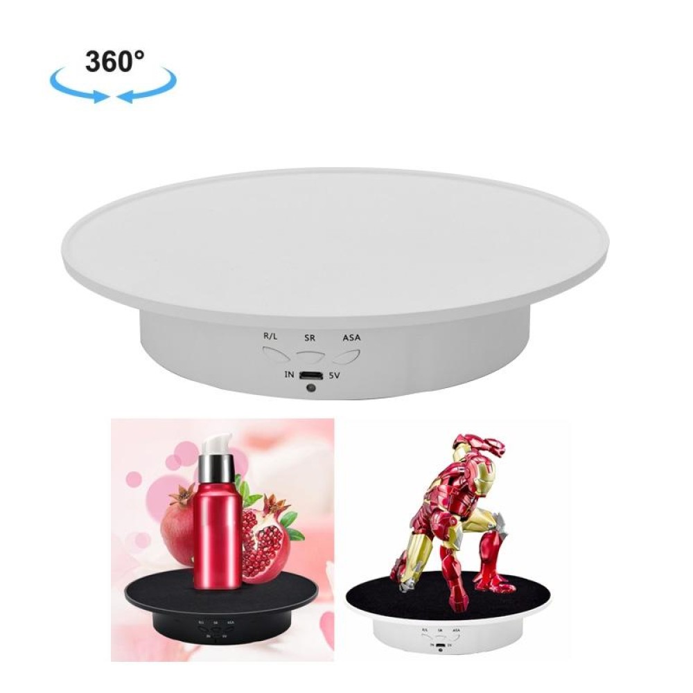 20cm USB Electric Rotating Turntable Display Stand Video Shooting Props Turntable for Photography, Load: 8kg(White Base White Velvet)