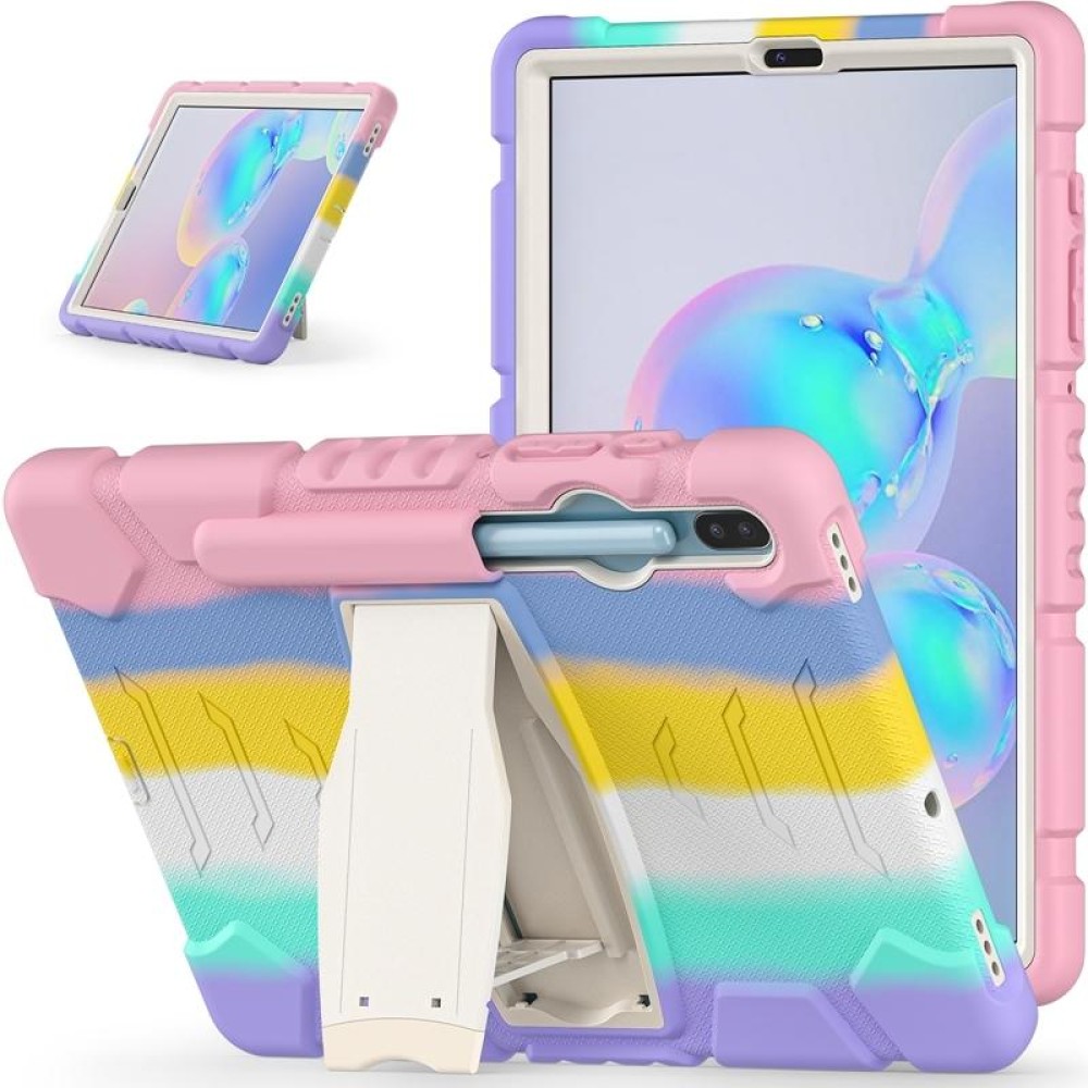 For Samsung Galaxy Tab S6 T860 3-Layer Protection  Screen Frame + PC + Silicone Shockproof Combination Case with Holder(Colorful Pink)