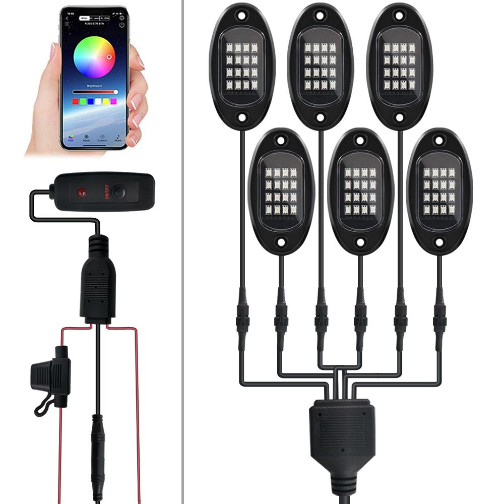 6 in 1 DC12V Car Mobile Phone Bluetooth APP Control  RGB Symphony Chassis Light with 16LEDs SMD-5050 Lamp Beads