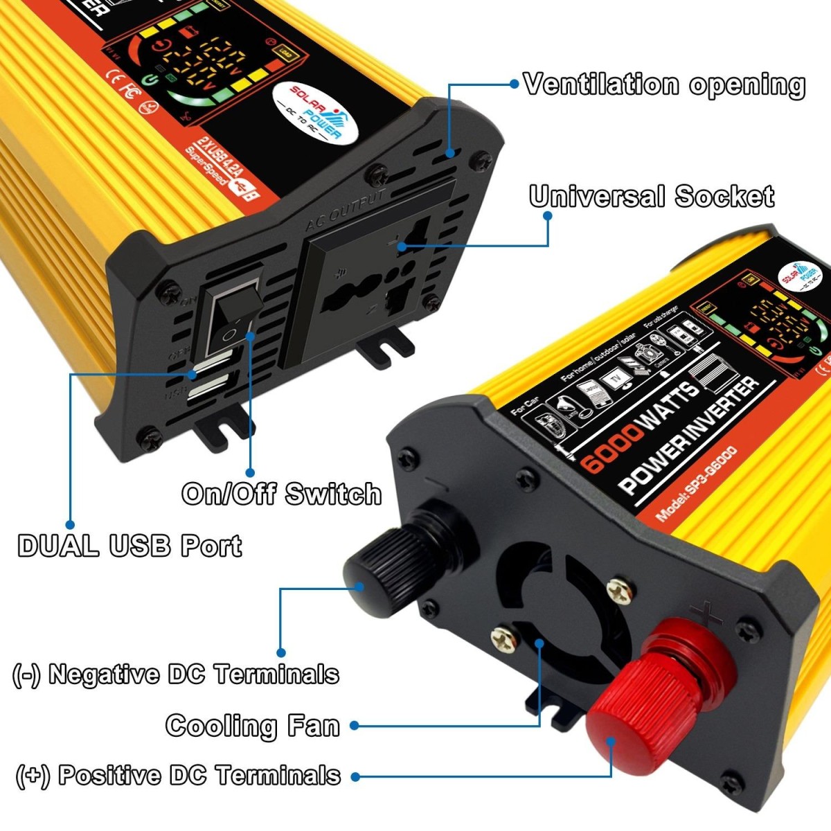Legend III Generation DC12V to AC110V 6000W Car Power Inverter with LED Display(Yellow)