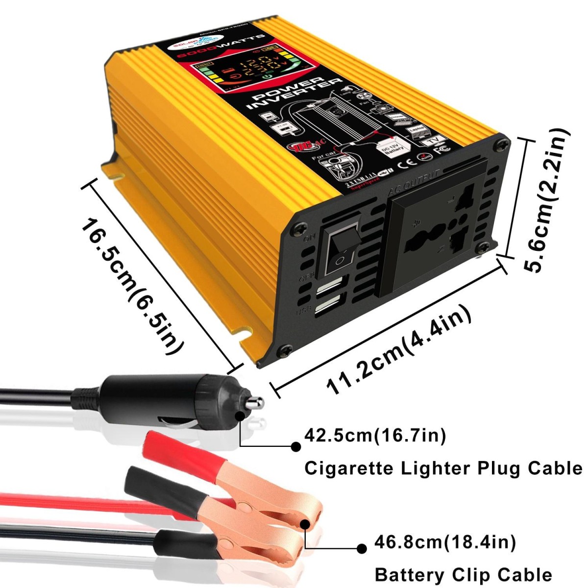 Tang III Generation 12V to 220V 6000W Car Power Inverter with LCD Display & Dual USB(Yellow)