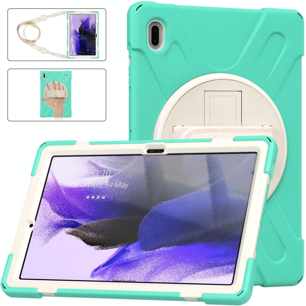 For Samsung Galaxy Tab S7 FE T730 / S7+ / S9+ /S8+ Silicone + PC Protective Case with Holder & Shoulder Strap(Mint Green)