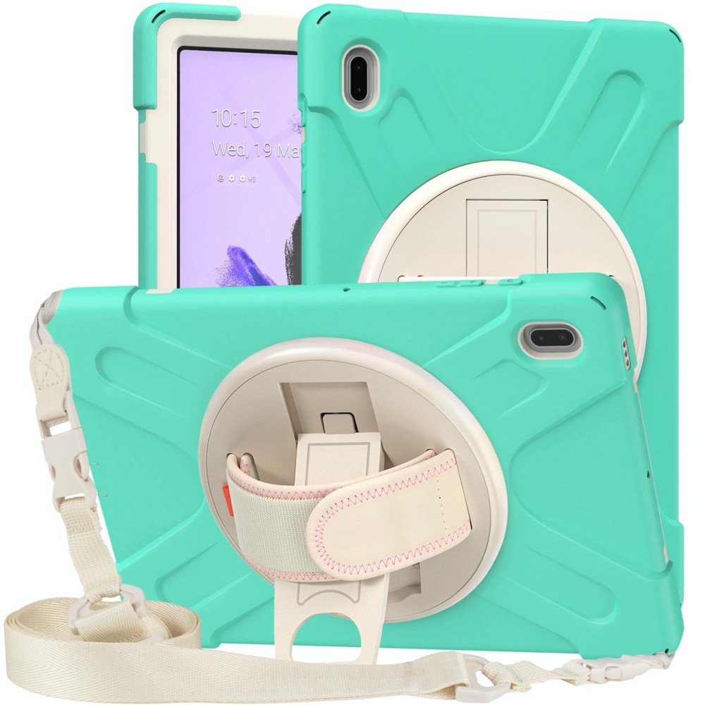 For Samsung Galaxy Tab S7 FE T730 / S7+ / S9+ /S8+ Silicone + PC Protective Case with Holder & Shoulder Strap(Mint Green)
