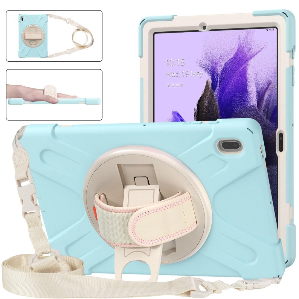 For Samsung Galaxy Tab S7 FE T730 / S7+ / S9+ /S8+ Silicone + PC Protective Case with Holder & Shoulder Strap(Ice Blue)