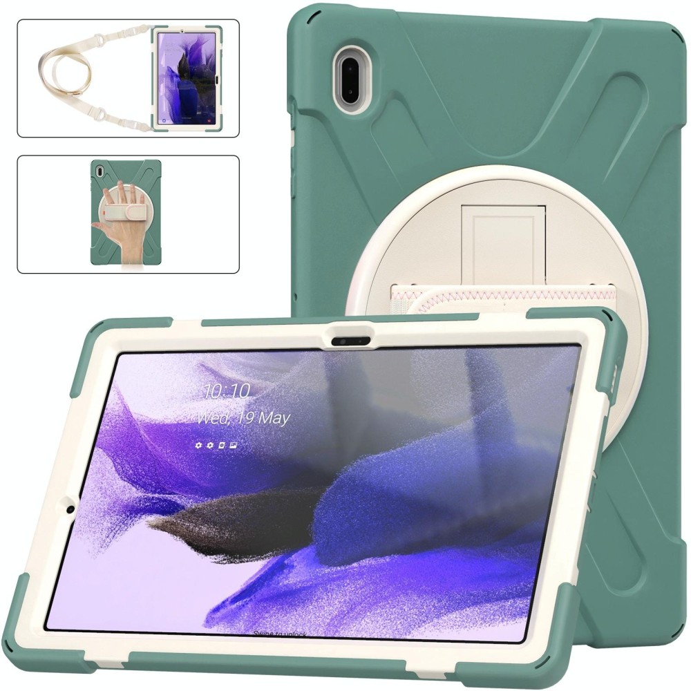 For Samsung Galaxy Tab S7 FE T730 / S7+ / S9+ /S8+ Silicone + PC Protective Case with Holder & Shoulder Strap(Emerald Green)