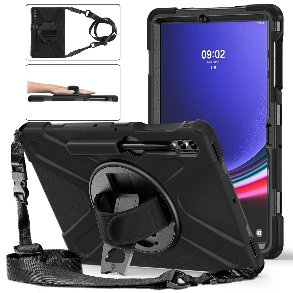 For Samsung Galaxy Tab S7 FE T730 / S7+ / S9+ /S8+ Silicone + PC Protective Case with Holder & Shoulder Strap(Black)