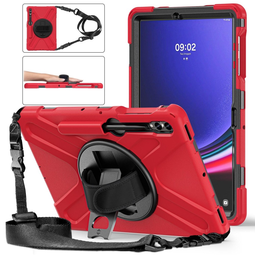 For Samsung Galaxy Tab S7 FE T730 / S7+ / S9+ /S8+ Silicone + PC Protective Case with Holder & Shoulder Strap(Red)
