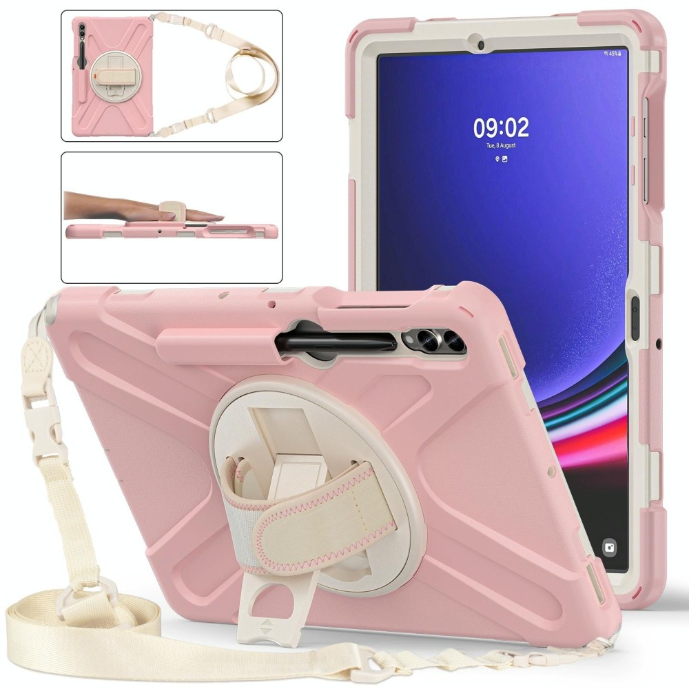 For Samsung Galaxy Tab S7 FE T730 / S7+ / S9+ /S8+ Silicone + PC Protective Case with Holder & Shoulder Strap(Rose Gold)