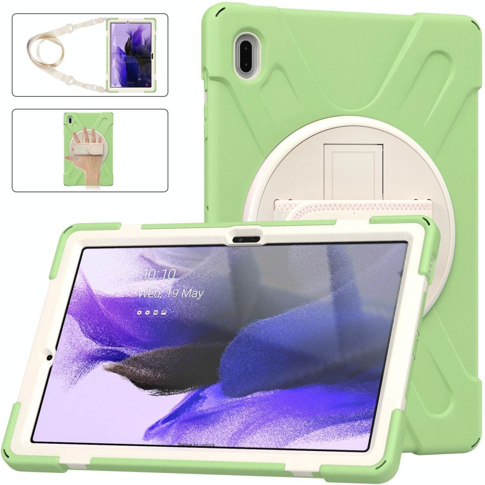 For Samsung Galaxy Tab S7 FE T730 / S7+ / S9+ /S8+ Silicone + PC Protective Case with Holder & Shoulder Strap(Matcha Green)