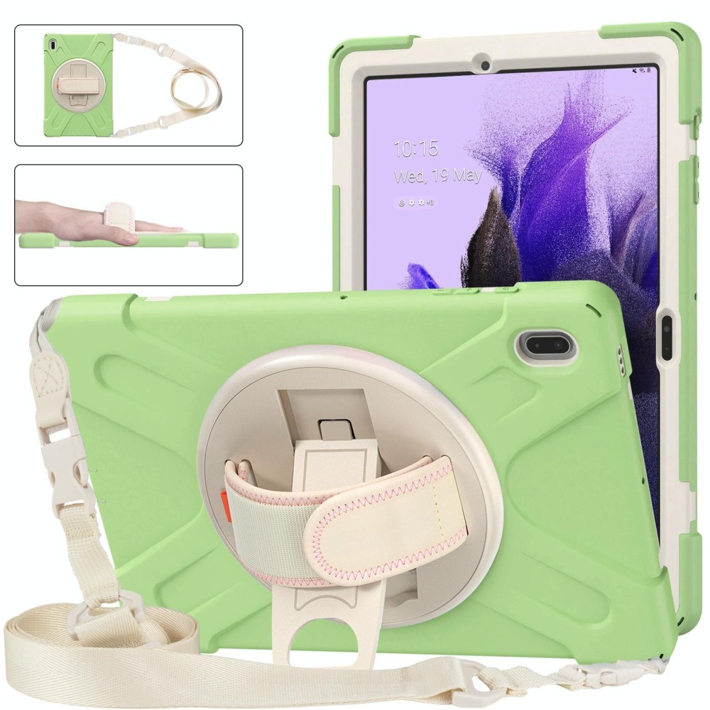 For Samsung Galaxy Tab S7 FE T730 / S7+ / S9+ /S8+ Silicone + PC Protective Case with Holder & Shoulder Strap(Matcha Green)