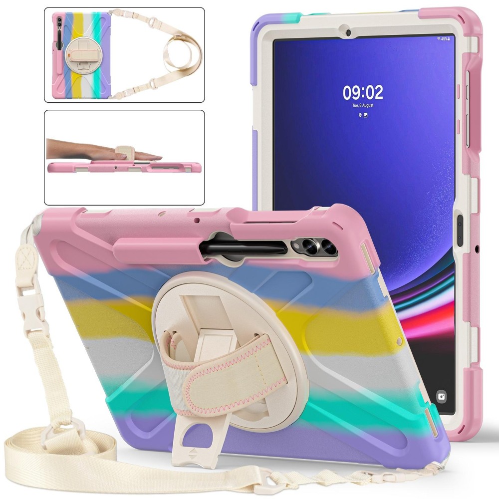 For Samsung Galaxy Tab S7 FE T730 / S7+ / S9+ /S8+ Silicone + PC Protective Case with Holder & Shoulder Strap(Colorful Pink)