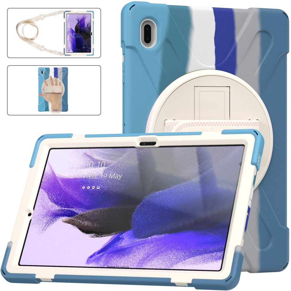For Samsung Galaxy Tab S7 FE T730 / S7+ / S9+ /S8+ Silicone + PC Protective Case with Holder & Shoulder Strap(Colorful Blue)