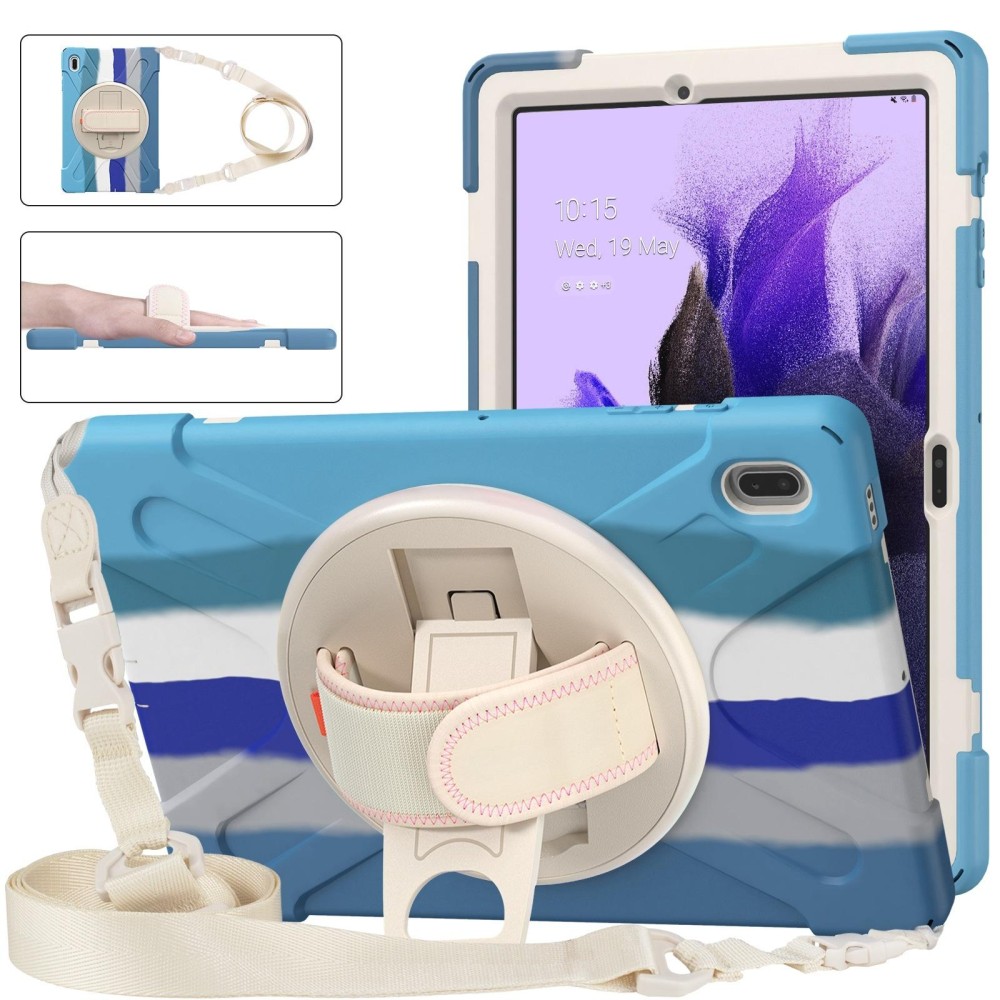 For Samsung Galaxy Tab S7 FE T730 / S7+ / S9+ /S8+ Silicone + PC Protective Case with Holder & Shoulder Strap(Colorful Blue)
