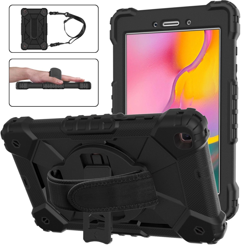 For Samsung Galaxy Tab A 8.0 (2019)T290/T295 Contrast Color Robot Shockproof Silicon + PC Protective Case with Holder & Shoulder Strap(Black)