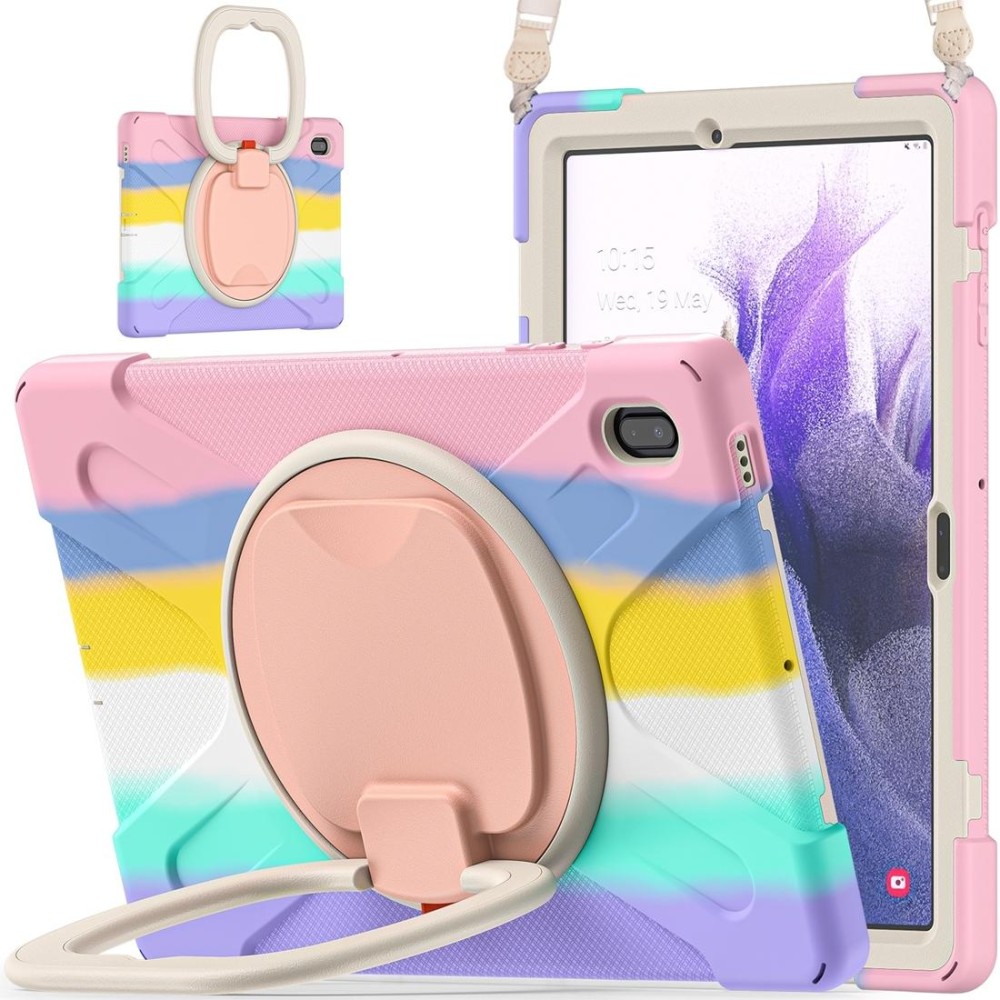 For Samsung Galaxy Tab S7 FE T730 Silicone + PC Protective Case with Holder & Shoulder Strap(Colorful Pink)