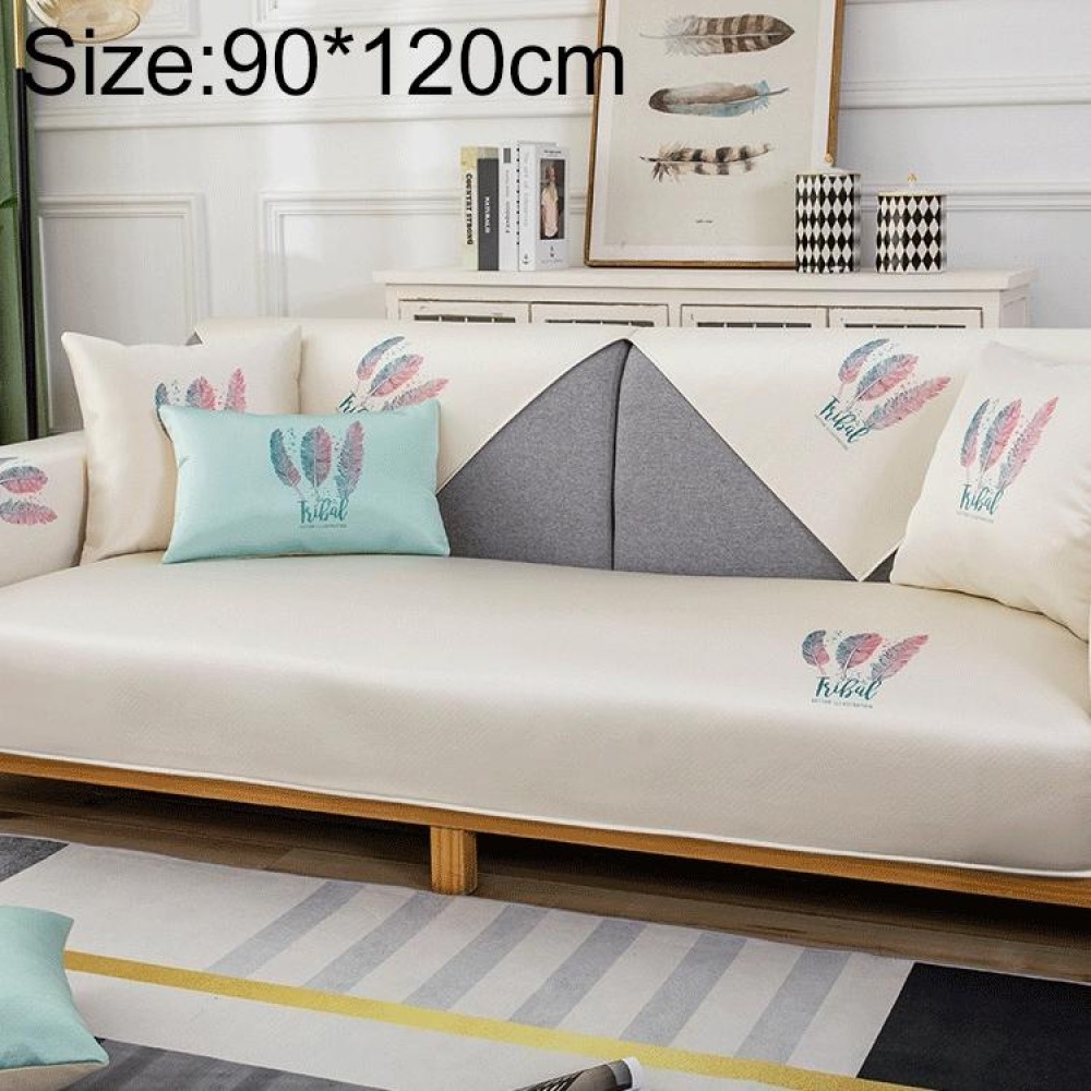 Feather Pattern Summer Ice Silk Non-slip Full Coverage Sofa Cover, Size:90x120cm(Creamy-white)