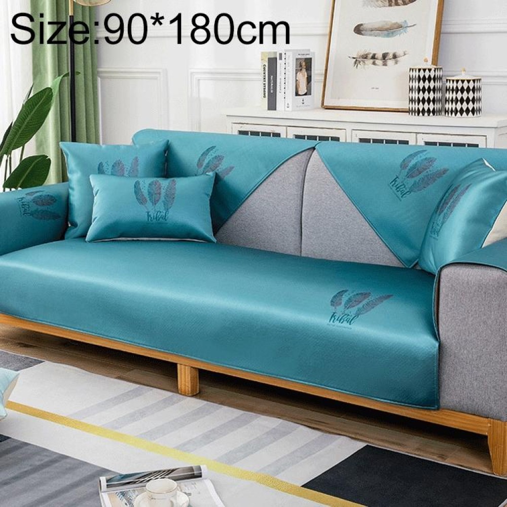Feather Pattern Summer Ice Silk Non-slip Full Coverage Sofa Cover, Size:90x180cm(Blue)