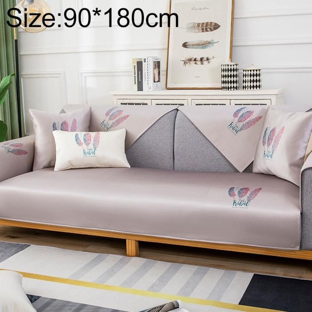 Feather Pattern Summer Ice Silk Non-slip Full Coverage Sofa Cover, Size:90x180cm(Light Grey)