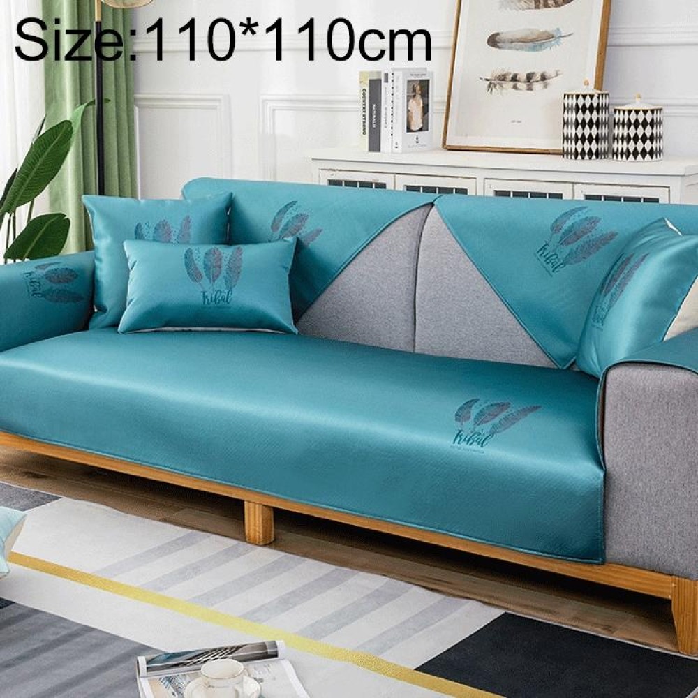 Feather Pattern Summer Ice Silk Non-slip Full Coverage Sofa Cover, Size:110x110cm(Blue)