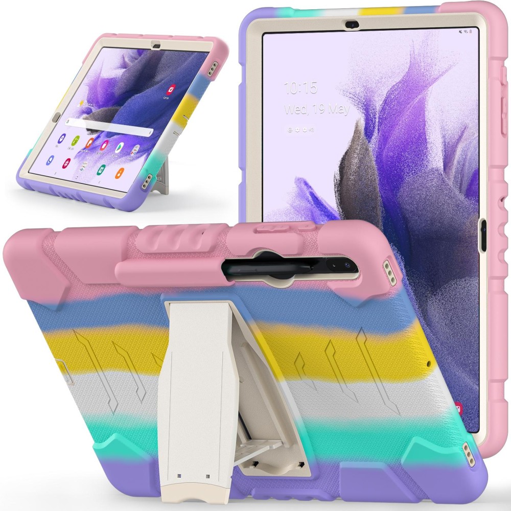For Samsung Galaxy Tab S7+/ Tab S7 FE / Tab S8+ 3-Layer Protection Screen Frame + PC + Silicone Combination Case with Holder(Colorful Pink)