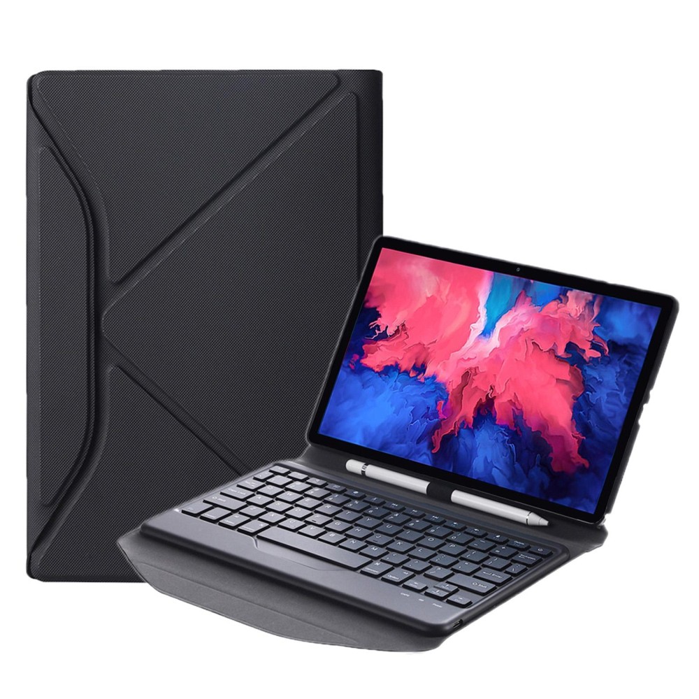 BM12 Diamond Texture Detachable Bluetooth Keyboard Leather Tablet Case with Pen Slot & Triangular Back Support For Lenovo Pad Plus 11 inch TB-J607F / Tab P11 11 inch TB-J606F(Black)