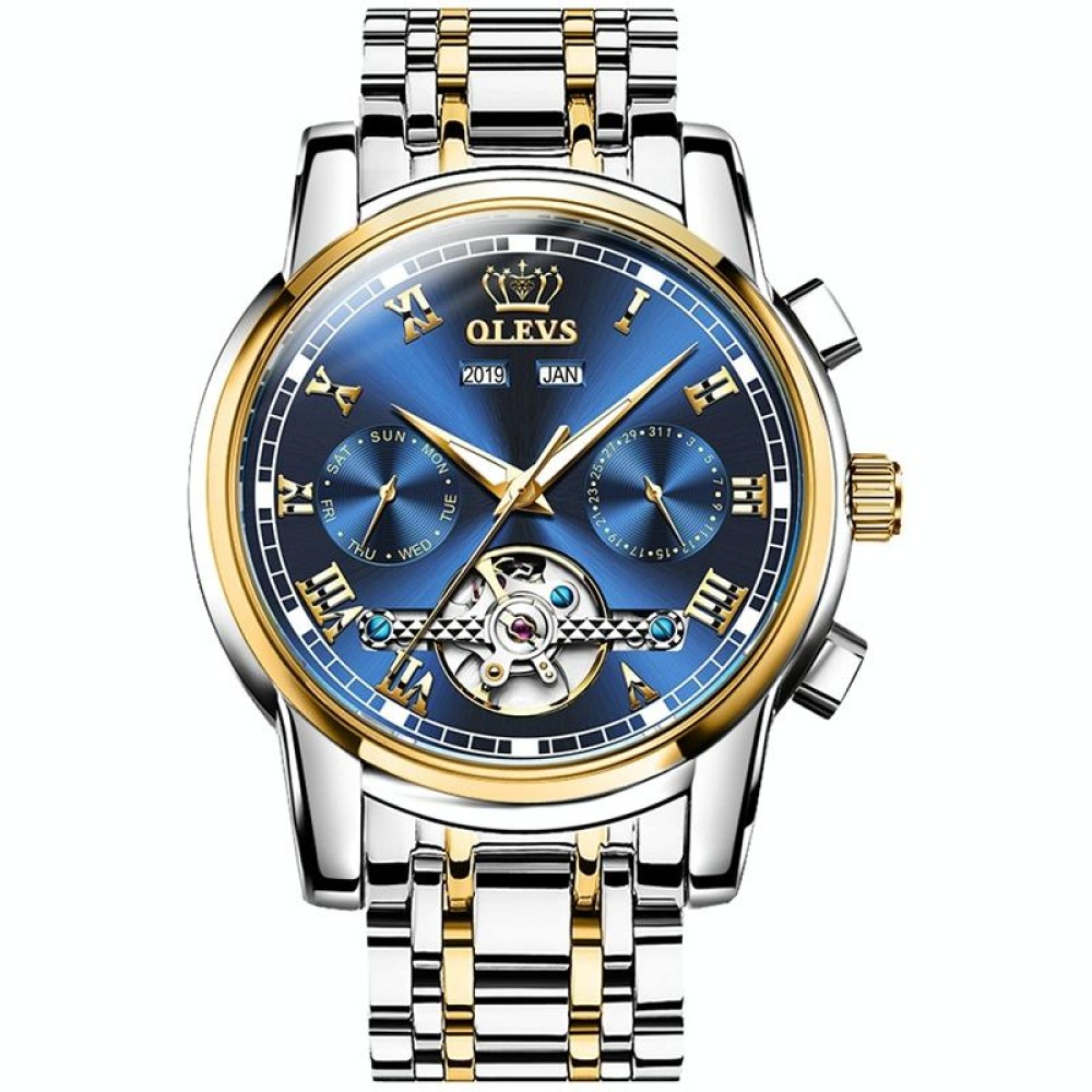 OLEVS 6607 Multi-function Men Big Flywheel Automatic Waterproof Mechanical Watch(Silver Gold Blue)