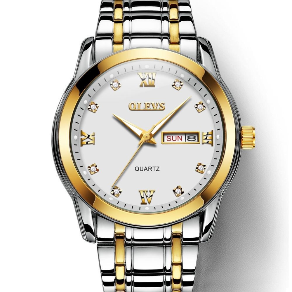 OLEVS 8691 Men Business Luminous Dual Calendar Design Waterproof Quartz Watch(Silver Gold White)