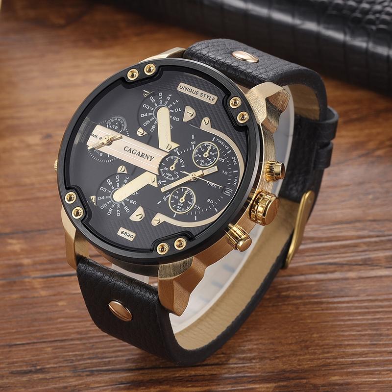 CAGARNY 6820 Round Large Dial Leather Band Quartz Dual Movement Watch For Men(Gold Between Black Band)