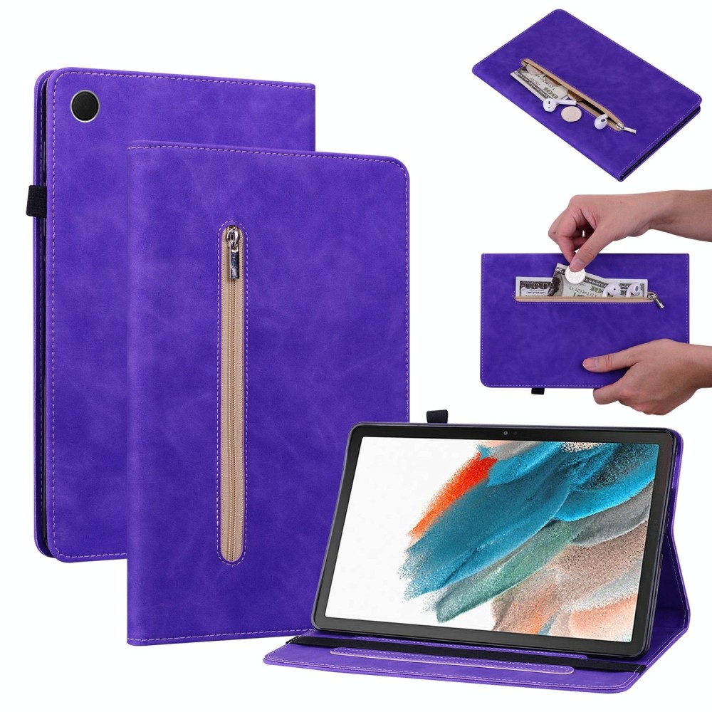 For Samsung Galaxy Tab А8 10.5 SM-X200 Skin Feel Solid Color Zipper Leather Tablet Case(Purple)