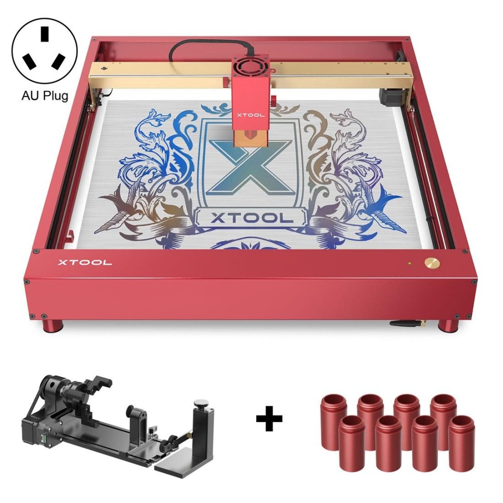 XTOOL D1 Pro-20W High Accuracy DIY Laser Engraving & Cutting Machine + Rotary Attachment + Raiser Kit, Plug Type:AU Plug(Golden Red)