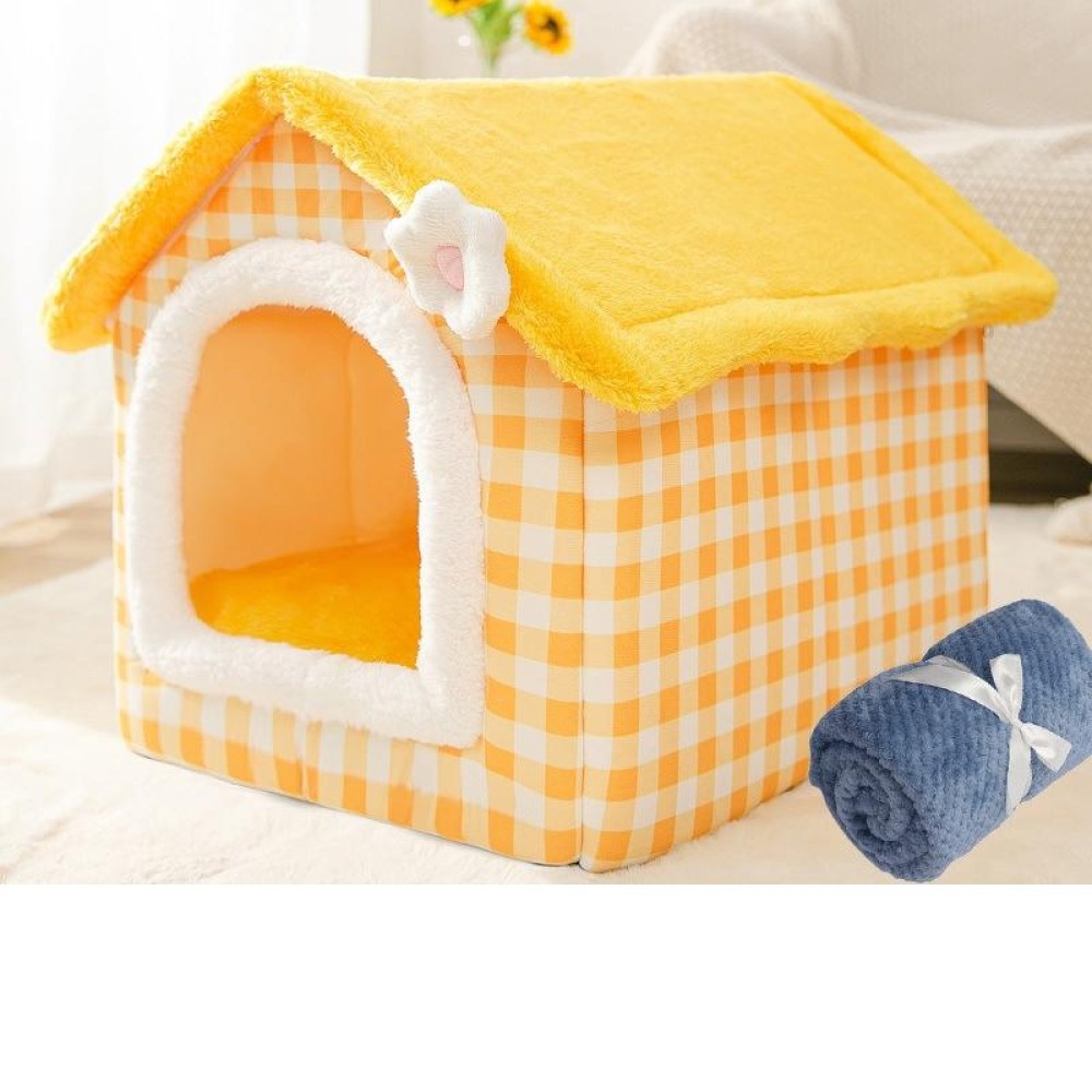 House Type Universal Removable and Washable Pet Dog Cat Bed Pet Supplies, Size:M(Yellow Flower + Blanket)