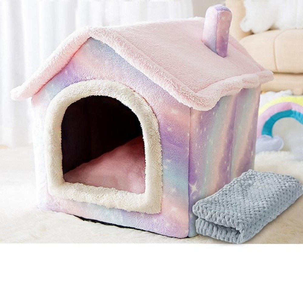 House Type Universal Removable and Washable Pet Dog Cat Bed Pet Supplies, Size:M(Pink Starry Sky + Blanket)