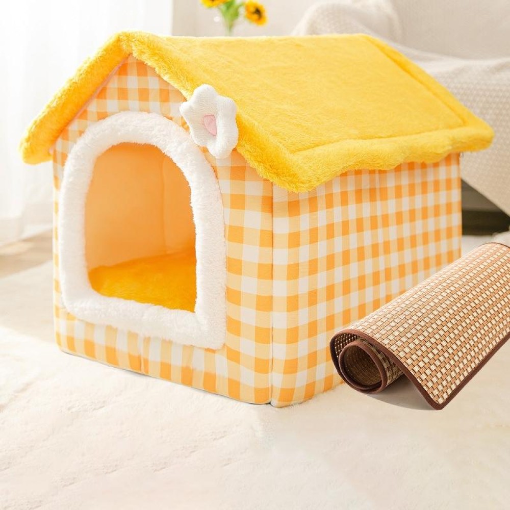 House Type Universal Removable and Washable Pet Dog Cat Bed Pet Supplies, Size:M(Yellow Flower + Mat)