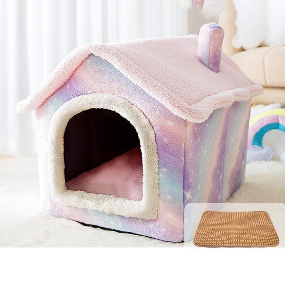 House Type Universal Removable and Washable Pet Dog Cat Bed Pet Supplies, Size:M(Pink Starry Sky + Mat)