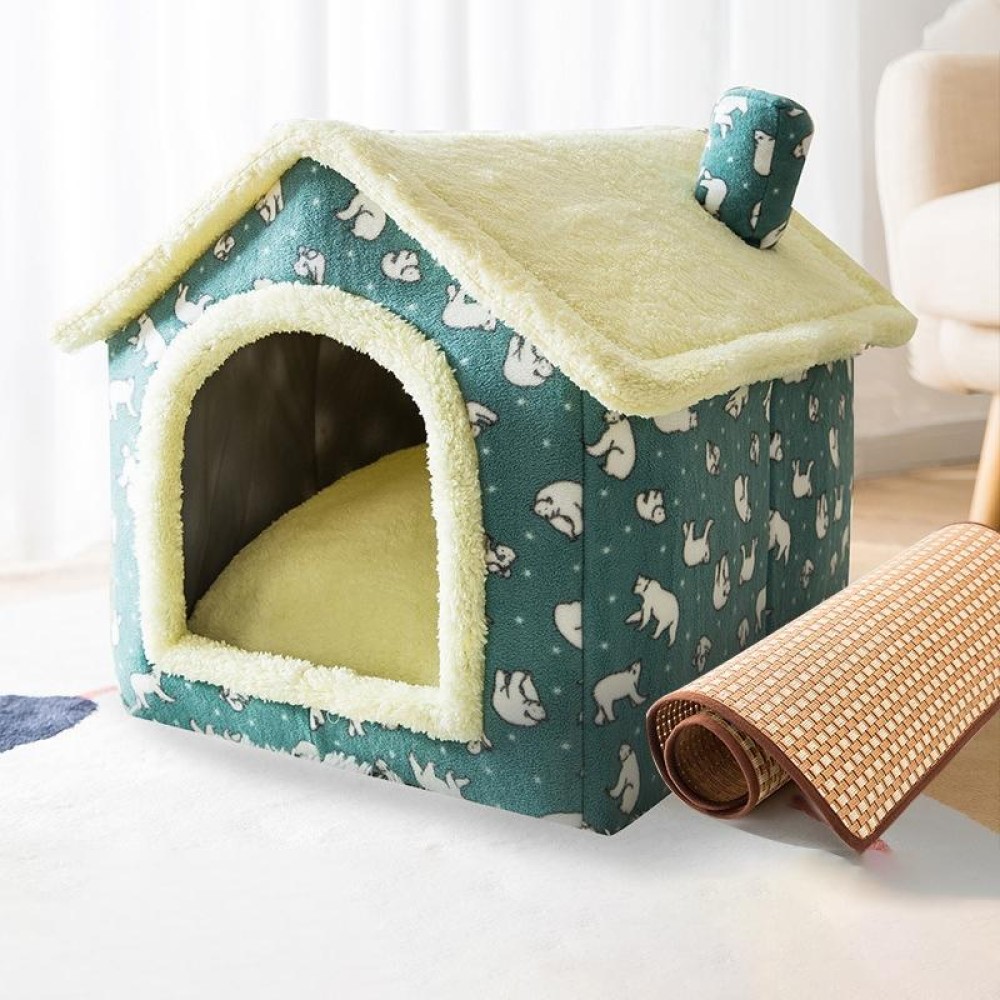 House Type Universal Removable and Washable Pet Dog Cat Bed Pet Supplies, Size:M(Green Bear House + Mat)
