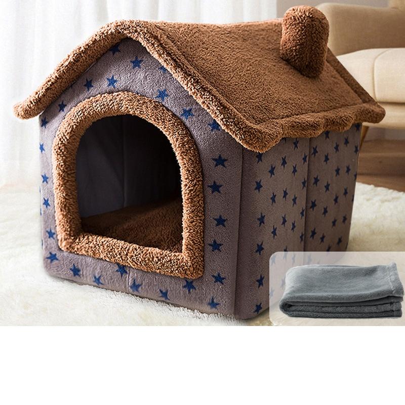 House Type Universal Removable and Washable Pet Dog Cat Bed Pet Supplies, Size:L(Coffee Hut + Blanket)