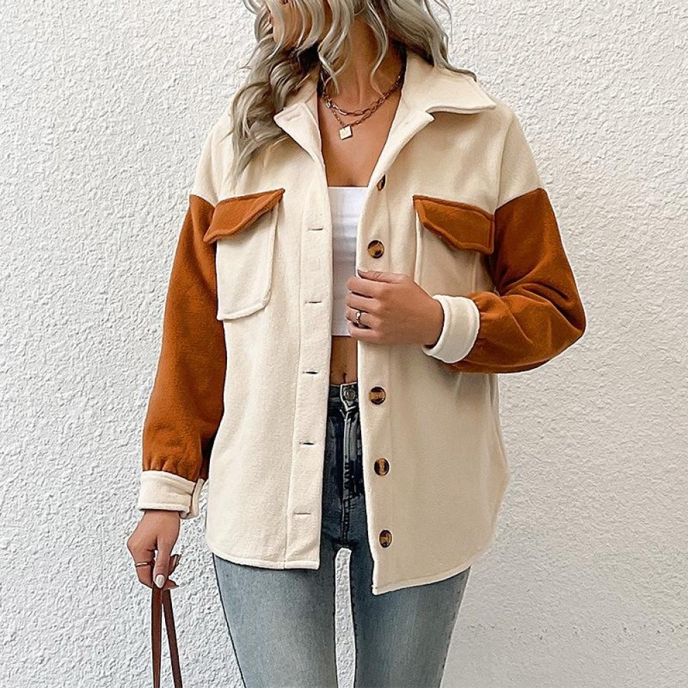 Ladies Lapel Colorblock Long Sleeve Pocket Fall Winter Fleece Jacket, Size:L(Apricot)