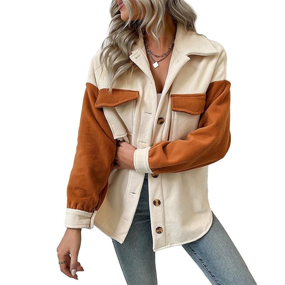 Ladies Lapel Colorblock Long Sleeve Pocket Fall Winter Fleece Jacket, Size:L(Apricot)