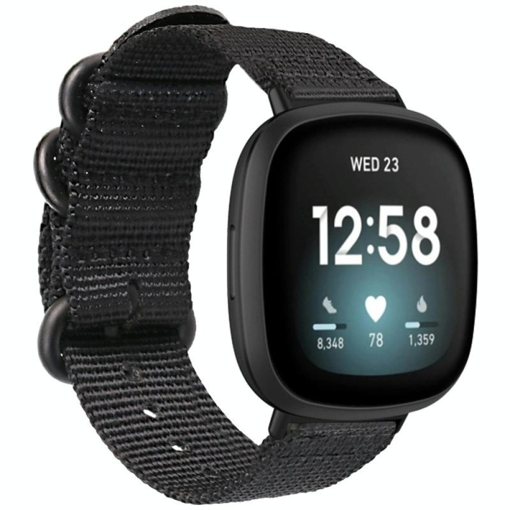 For Fitbit Versa 4 / Sense 2 Universal Three-ring Steel Buckle Nylon Watch Band(Black)